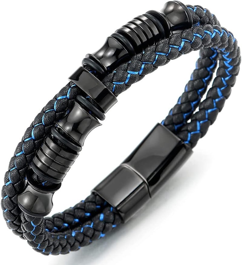 COOLSTEELANDBEYOND Mens Double-Row Braided Leather Bracelet Bangle Wristband with Black Stainless Steel Ornaments - Image 1
